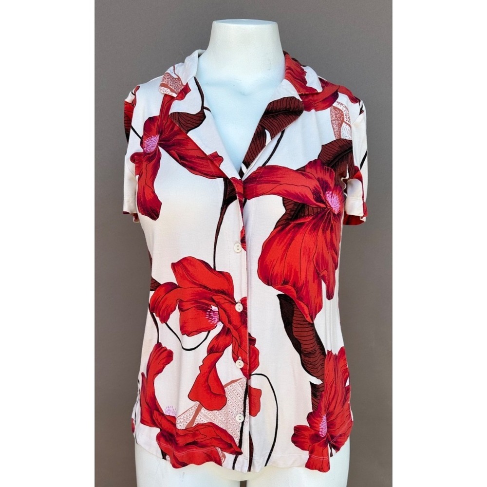 Soma Women's Sz S Cool Nights Pajama Top‎ Short Sleeve Button Ivory Red Floral